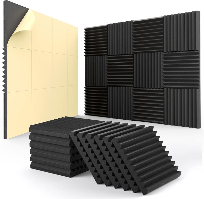 HEMRLY 12 Pack Acoustic Panels Self-Adhesive, 1" X 12" X 12" Quick-Recovery Sound Proof Foam Panels, Acoustic Foam Wedges High Density, Soundproof Wall Panels for Home,Studio,Gaming -Black - Image 1